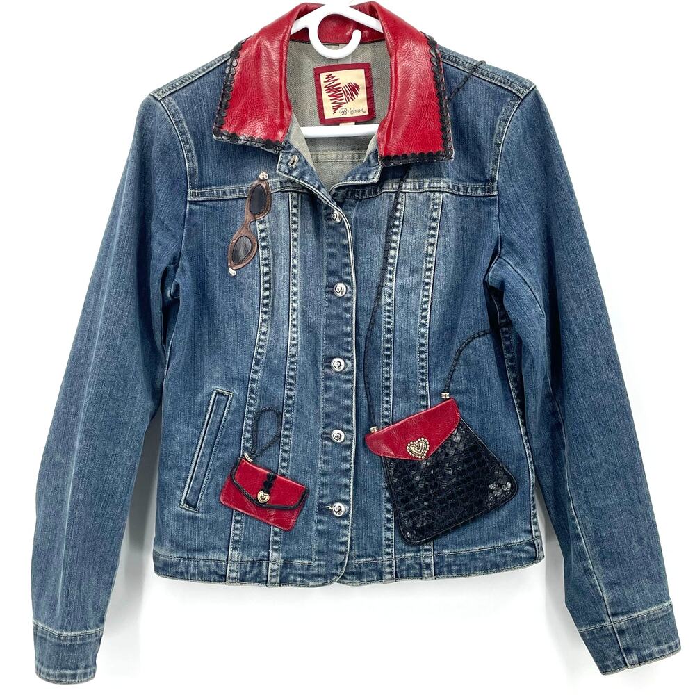 Brighton Vintage Women's‎ Denim Jacket, Genuine Leather Accents, Size S Hearts
